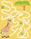 Logic Game for kids. Help the giraffe find the pathway to acacia tree. Entry and exit. Labyrinth with solution. Educational maze
