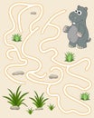 Logic Game for kids. Help the hippo find the pathway to thickets of grass. Entry and exit. Labyrinth with solution. Educational