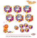 Logic game for the smartest. Can you find the piece that fell out each cube? 3D puzzle. Developing spatial thinking skills. Page