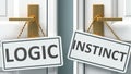 Logic or instinct as a choice in life - pictured as words Logic, instinct on doors to show that Logic and instinct are different