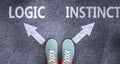 Logic and instinct as different choices in life - pictured as words Logic, instinct on a road to symbolize making decision and