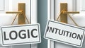 Logic or intuition as a choice in life - pictured as words Logic, intuition on doors to show that Logic and intuition are