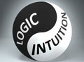 Logic and intuition in balance - pictured as words Logic, intuition and yin yang symbol, to show harmony between Logic and