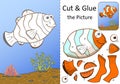 Logic paper game for kids. Sea Fish. Cut parts and glue inside the contour in numbers order. Worksheet activity perfect