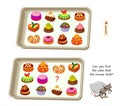 Logic puzzle for children and adults. Can you find the cake that the mouse stole? Educational game. Page for kids brain teaser