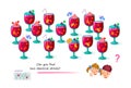 Logic puzzle for children and adults. Can you find two identical drinks? Page for kids brain teaser book. Task for attentiveness Royalty Free Stock Photo