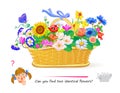 Logic puzzle for children and adults. Can you find two identical flowers? Page for kids brain teaser book. Task for attentiveness