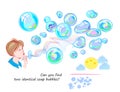 Logic puzzle for children and adults. Can you find two identical soap bubbles? Page for kids brain teaser book. Task for