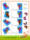 Logic puzzle for children. Find and draw second half of each butterfly. Educational page for kids. IQ test. Kids activity sheet.