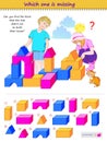 Logic puzzle game for children and adults. Can you find the block that the kids didn`t use to build their house? Which one is