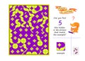Logic puzzle game for children and adults. Can you find 5 tiles hidden in the picture that match the example? Develop spatial