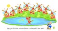 Logic puzzle game for children and adults. Can you find the windmill that is reflected in the lake? Page for brain teaser book.