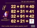 Logic puzzle game for children and adults. Can you solve example? Find regularity. Printable page for kids brain teaser book.