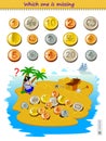 Logic puzzle game for children and adults. Find the coin the pirate did not find on the treasure island. Which one is missing?