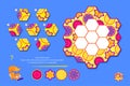 Logic puzzle game for children and adults. Find correct places for remaining details to complete pattern in honeycombs. Page for