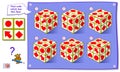 Logic puzzle game for children and adults. Find a cube which has an identical face. Printable page for kids brain teaser book.