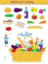 Logic puzzle game for children and adults. Find the food the housewife forgot to buy. Which one is missing in the basket? Brain