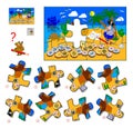 Logic puzzle game for children and adults. Find the missing piece of picture. Illustration of pirate on treasure island. Printable