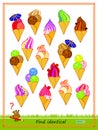 Logic puzzle game for children and adults. Find two identical ice creams. Printable page for kids brain teaser book. IQ test. Task