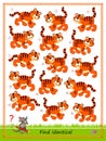 Logic puzzle game for children and adults. Find two identical tigers. Printable page for kids brain teaser book.