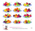 Logic puzzle game for children and adults. Find two plates with identical sets of fruits. Page for kids brain teaser book.