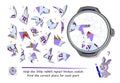 Logic puzzle game for children and adults. Help the little rabbit repair broken watch. Find the correct place for each part. Page