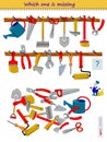 Logic puzzle game for children and adults. Help the worker find the lost working tool. Which one is missing? Page for kids brain Royalty Free Stock Photo