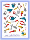 Logic puzzle game for children and adults. Help the worker find two identical tools. Printable page for kids brain teaser book.