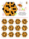 Logic puzzle game for children and adults. Need to find correct reflection of honeycombs. Printable page for brain teaser book.