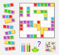 Logic puzzle game for children and adults. Need to find the places for remaining pieces and paint white squares respecting domino.