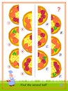 Logic puzzle game for children and adults. Need to find second half of each pizza. Educational page for kids. IQ training test.