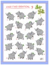 Logic puzzle game for children and adults. Need to find two identical elephants. Printable page for kids brain teaser book.