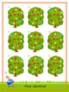 Logic puzzle game for children and adults. Need to find two identical trees. Printable page for kids brain teaser book.