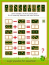 Logic puzzle game for children and adults. Solve examples, find correct place for all remaining dominoes and draw the dots.