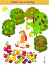 Logic puzzle game for children and adults. What fruit girl forgot to gather? Count the fruits. Which one is missing? Brain teaser