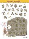 Logic puzzle game for children and adults. Which one of the ancient signs is missing on the stone? Help the primitive man finish Royalty Free Stock Photo