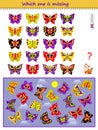 Logic puzzle game for children and adults. Which one of butterflies is missing in picture? Printable page for kids brain teaser