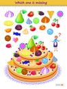 Logic puzzle game for children and adults. Which one of the sweets is missing in the cake? Printable page for kids brain teaser