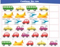Logic puzzle game for children. Continue the logical sequence. Worksheet. Transport