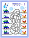 Logic puzzle game for children with labyrinth. Count quantity of Christmas trees in lorries and write the numbers on houses.