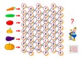 Logic puzzle game for children to study English with labyrinth. Find the way from each vegetable and join letters so you can read