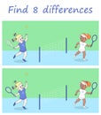 Logic puzzle game. Find 8 differences in sports pictures with two girls playing tennis Royalty Free Stock Photo