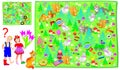 Logic puzzle game for kids. Children have lost their shoes in the forest. Need to help them find the second pairs. Royalty Free Stock Photo