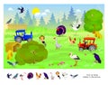 Logic puzzle game for kids. Find 10 birds hidden in the picture. Educational page for children. Developing counting skills. Play