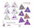 Logic puzzle game for kids. Find the correct places for all triangles. Paint them according to the pattern. Coloring book. Page