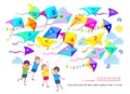 Logic puzzle game for kids. Find and count all kites with numbers from 1 to 20. Educational page for children. Developing counting