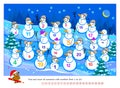 Logic puzzle game for kids. Find and count all snowmen with numbers from 1 to 20. Educational page for children. Developing