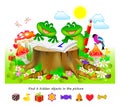 Logic puzzle game for kids. Find 8 hidden objects in the picture. Educational page for children. Developing counting skills. Play