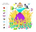 Logic puzzle game for kids. Find 8 insects hidden in the picture. Educational page for children. Developing counting skills. Play