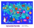 Logic puzzle game for kids. Find 10 numbers hidden in the picture. Educational page for children. Developing counting skills. Play